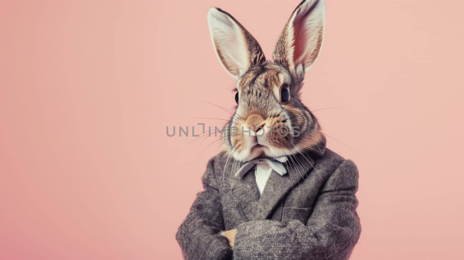 Cute funny bunny in a suit looking at the camera on pink background, animal, creative concept by Rohappy