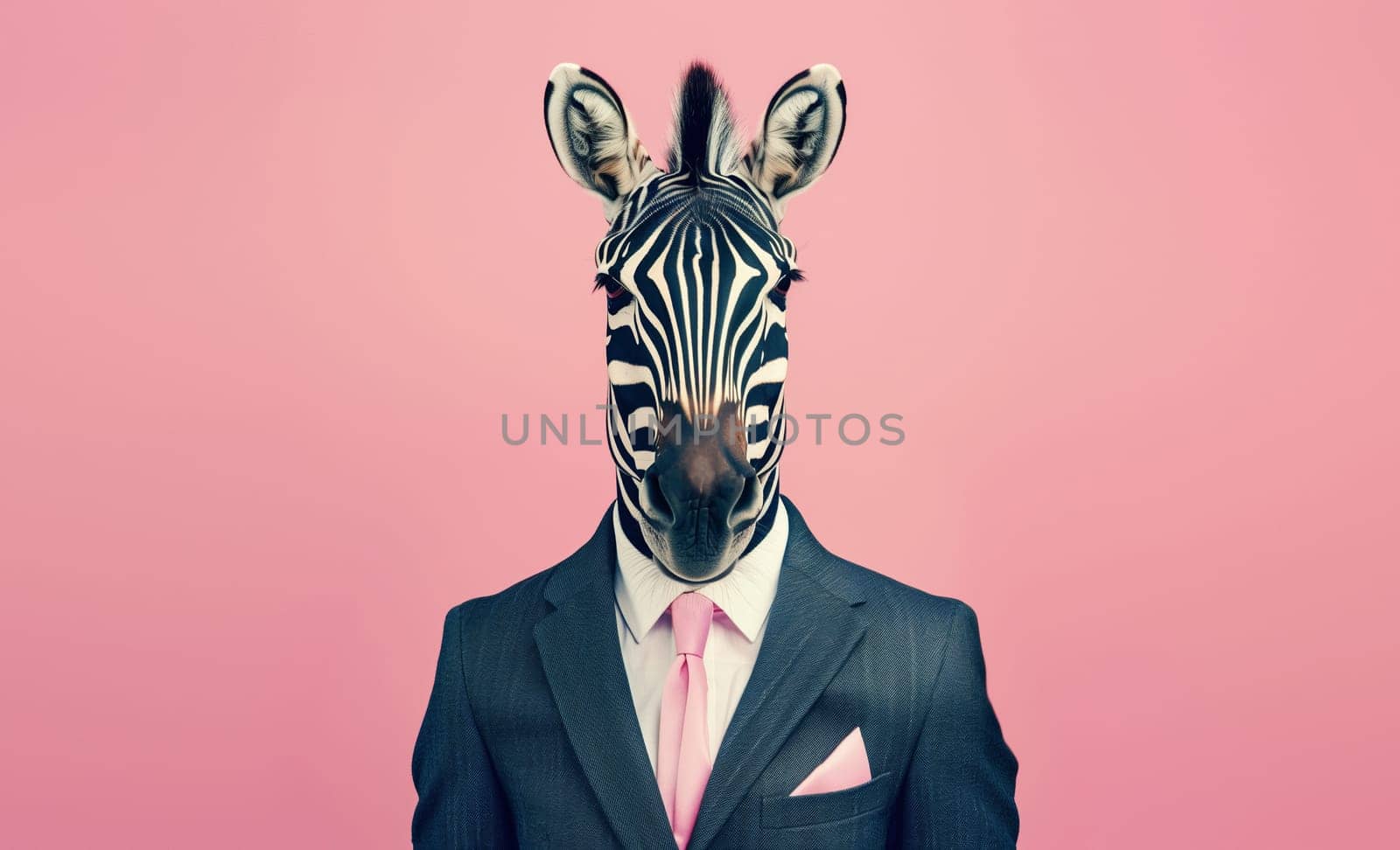 Stylish funny zebra in a suit looking at the camera on a pink background, animal, creative concept by Rohappy