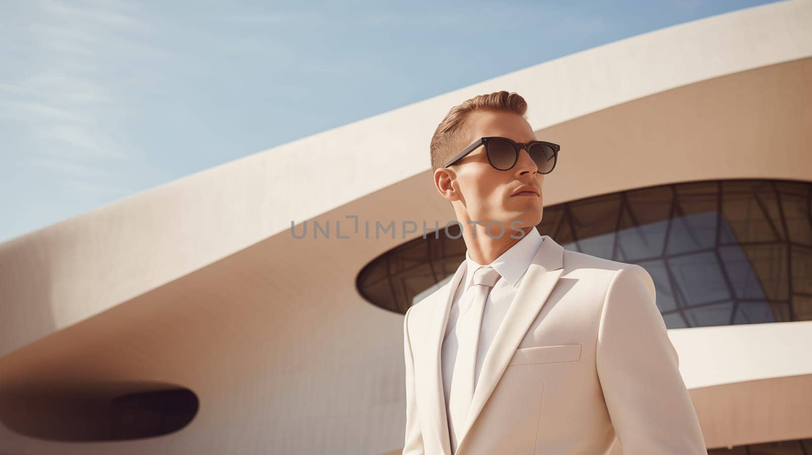 Fashion concept of successful stylish elegant man in white business suit looking away against the minimalism design architecture of a modern art museum building