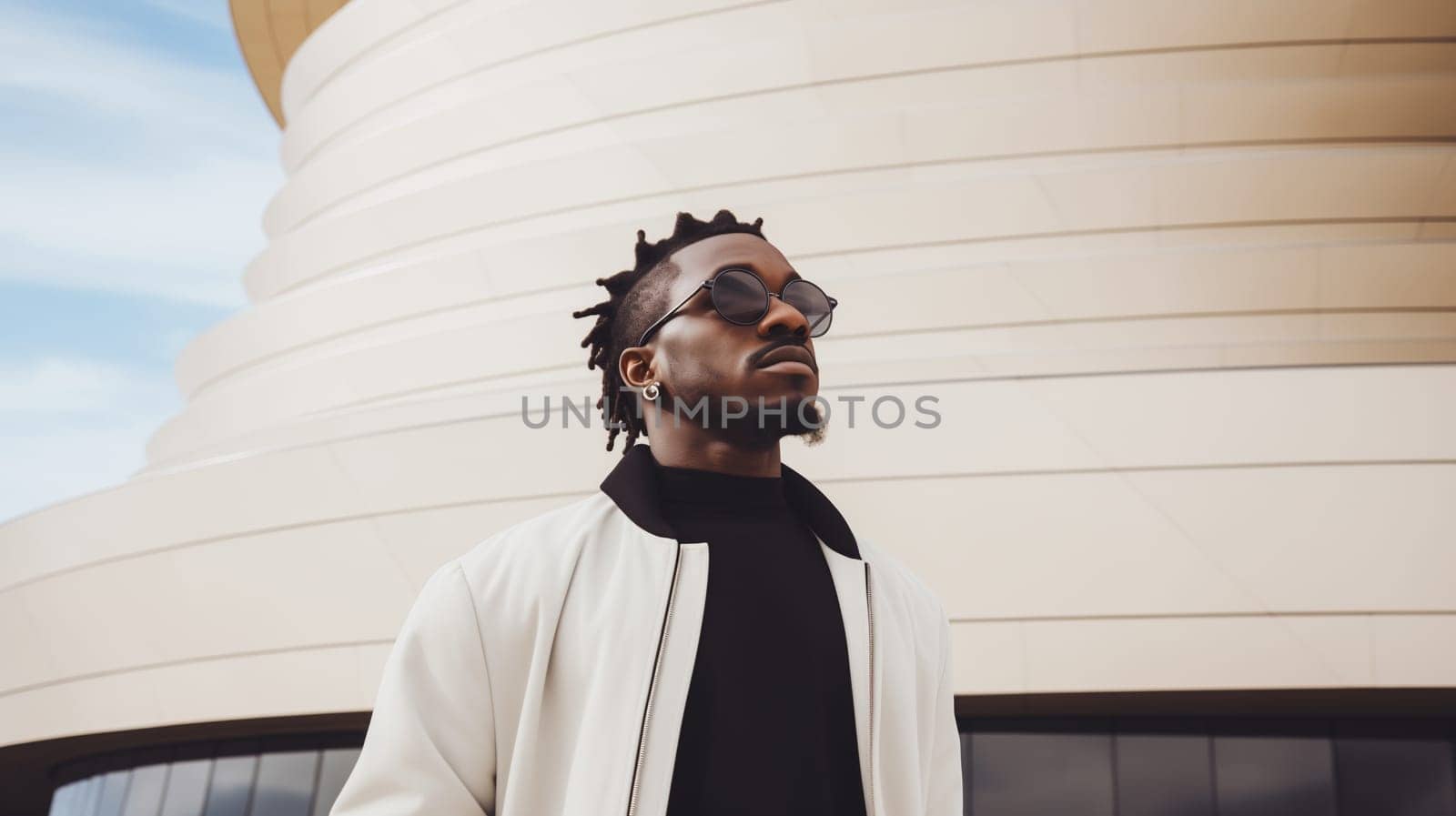 Fashionable confident stylish black man in jacket, minimalism design architecture modern building by Rohappy