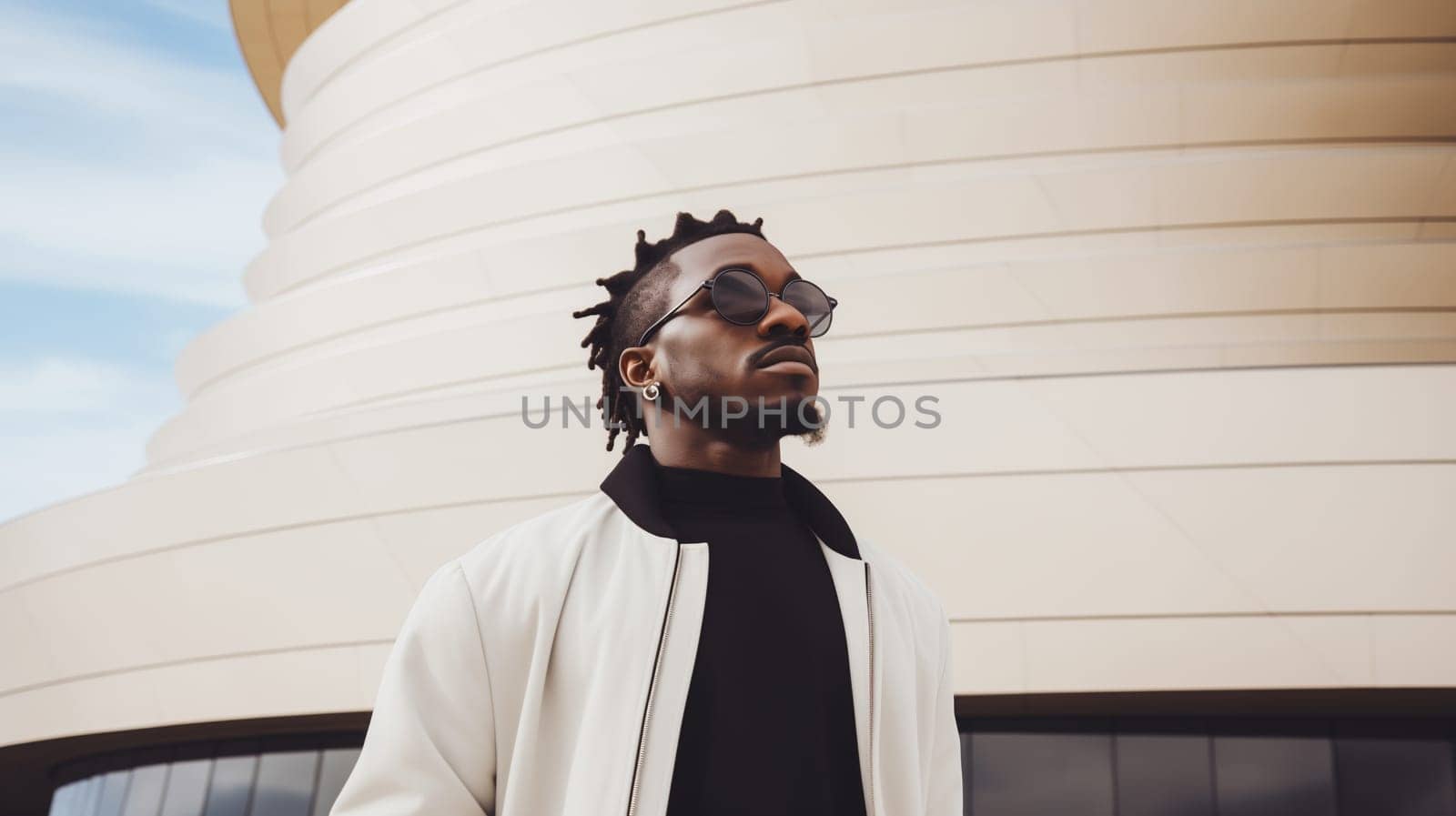 Fashion concept of confident stylish black man in jacket looking away against white minimalism design architecture of a modern art museum building