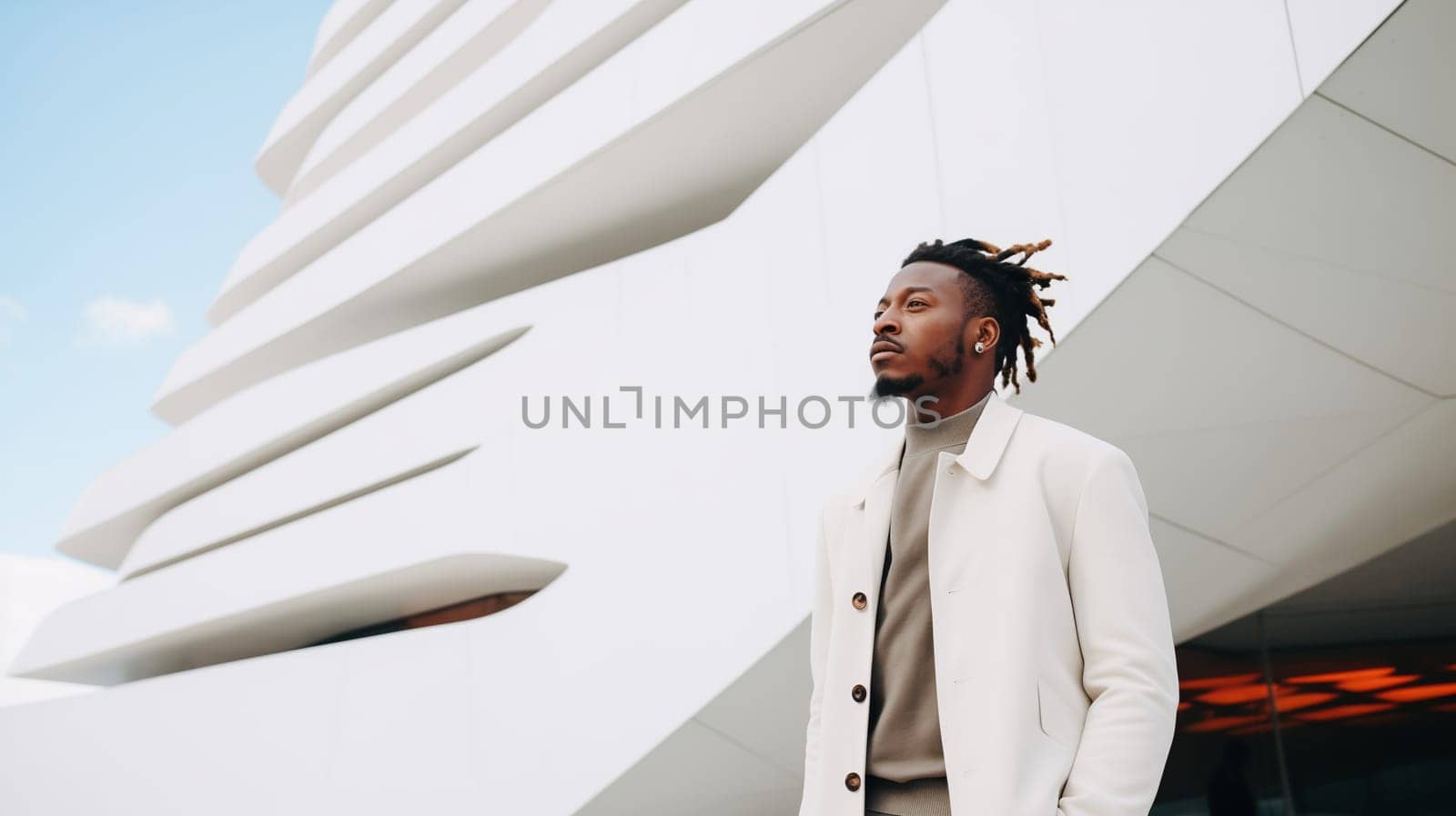 Fashion concept of confident stylish black man in business suit looking away against white minimalism design architecture of a modern art museum building