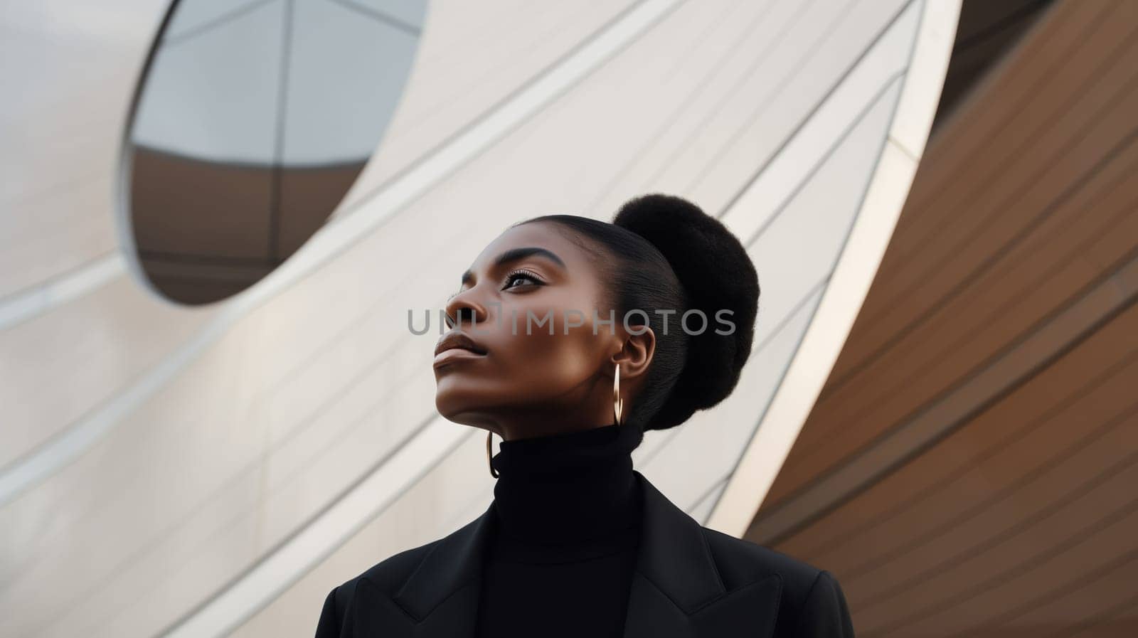 Fashionable portrait of stylish elegant black woman against the minimalism design architecture of a modern art museum building