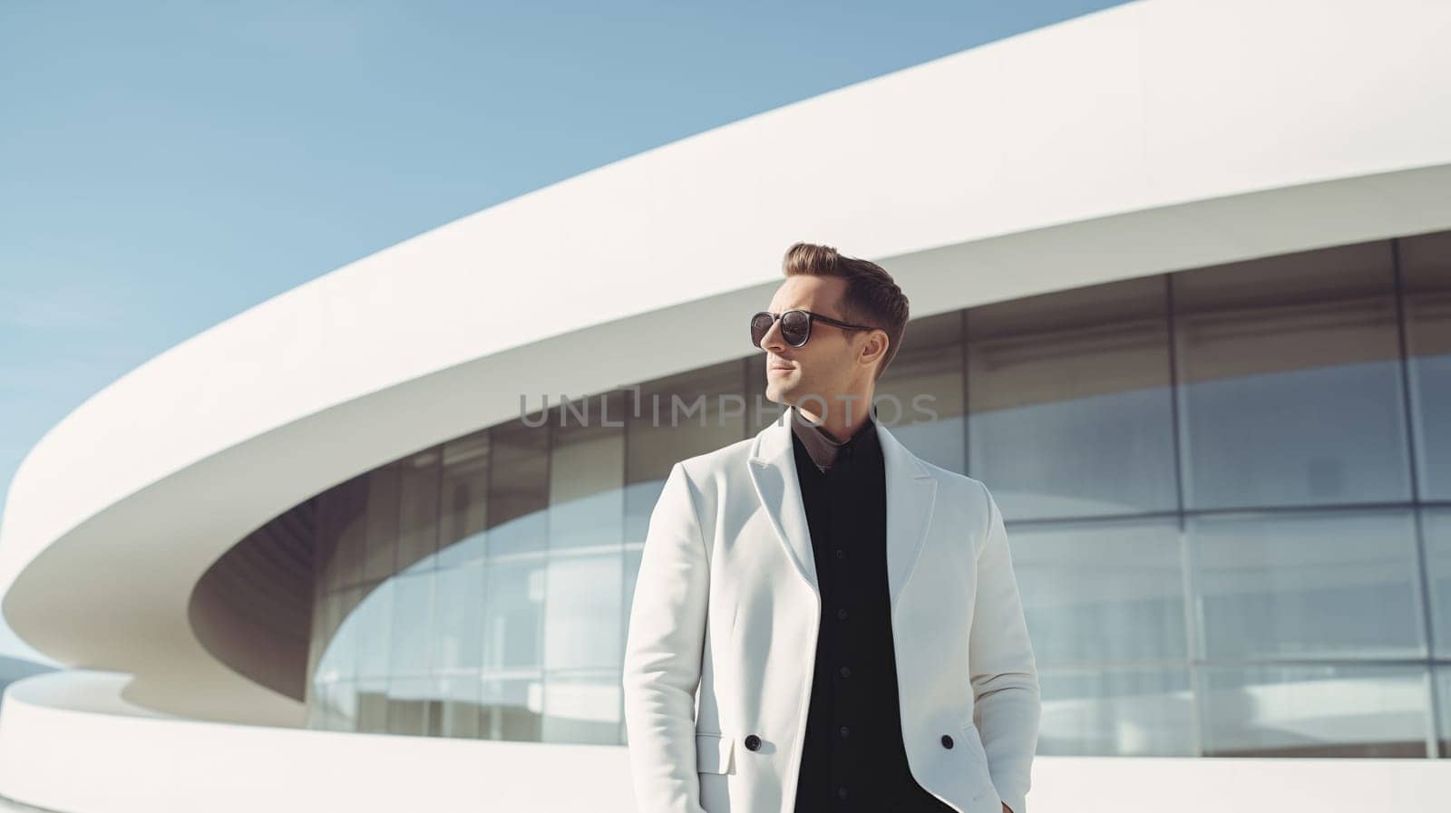 Fashionable successful stylish man in business suit, minimalism design architecture modern building by Rohappy
