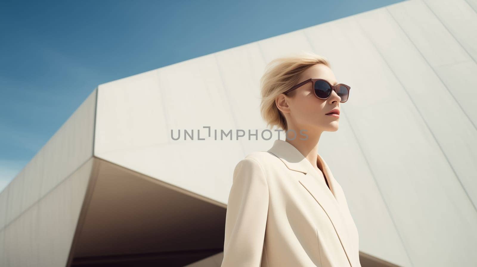 Fashionable portrait of stylish elegant woman against the minimalism design architecture of a modern art museum building