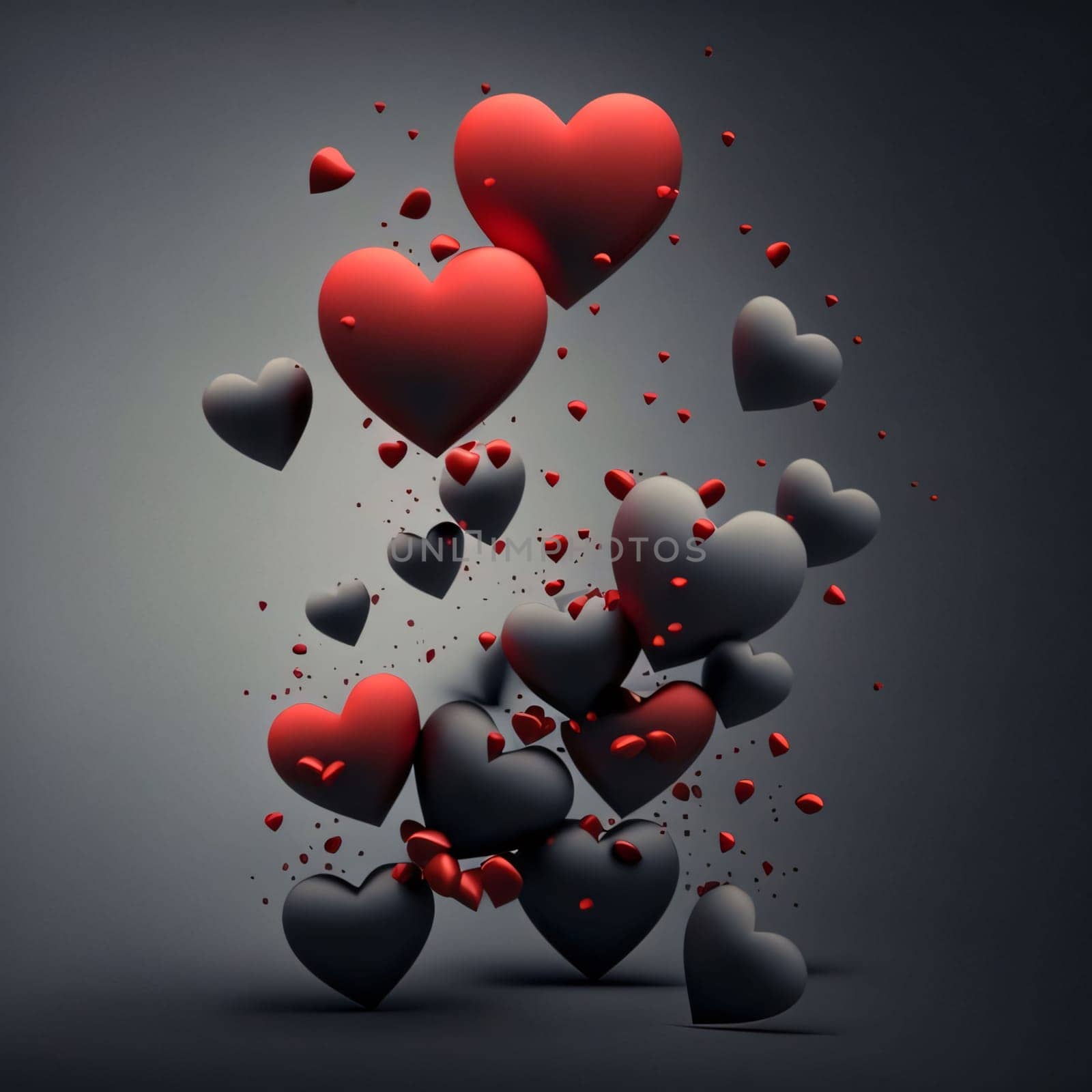 Abstract background design: Valentines day background with red and black hearts. 3D rendering