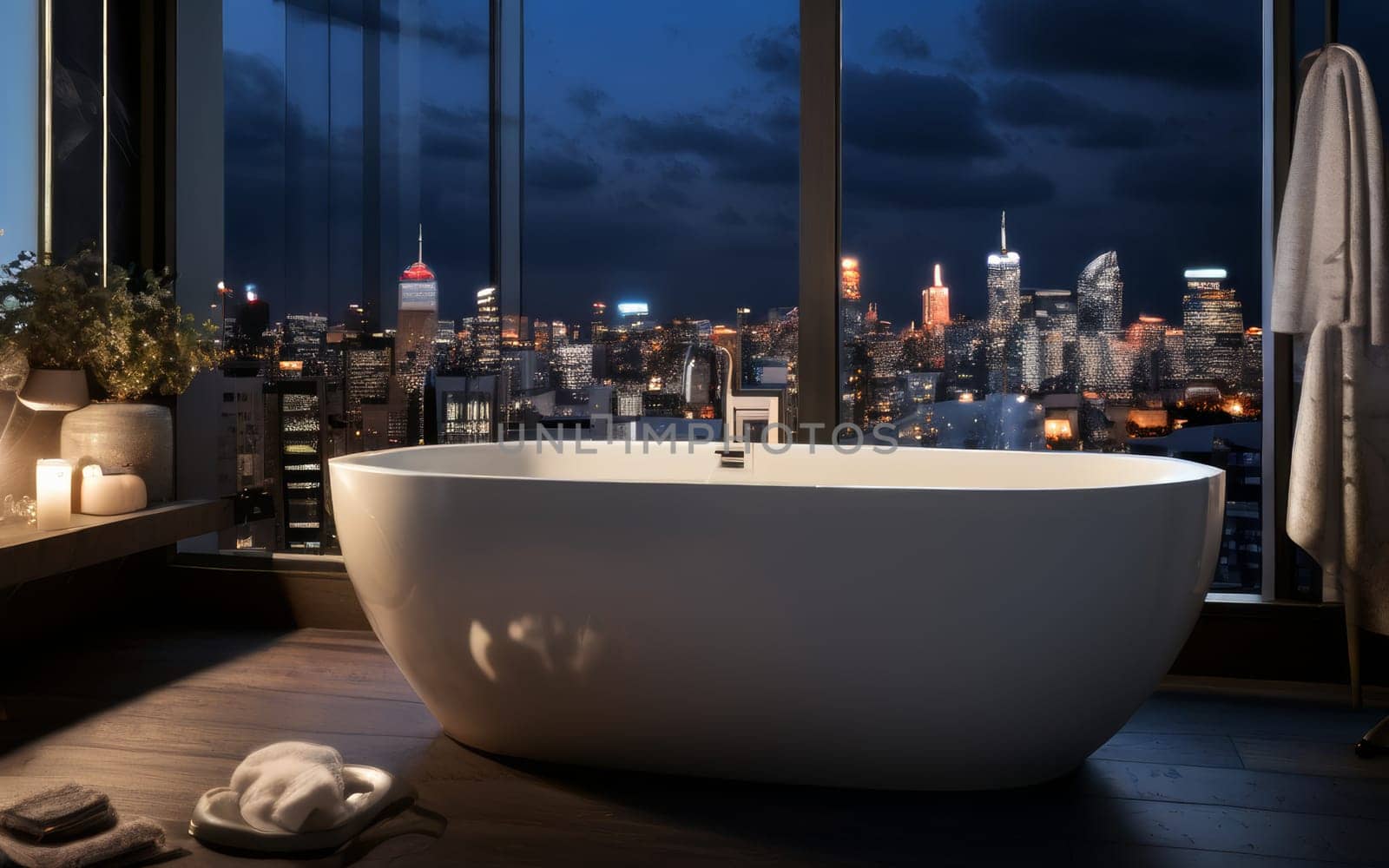bathroom interior with modern white bowl bathtub cute details and view to the night city through panoramic window