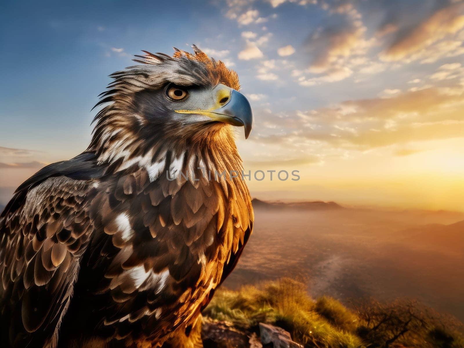 Portrait of big eagle. Birdwatching. Eagle in natural environment on amazing landscape