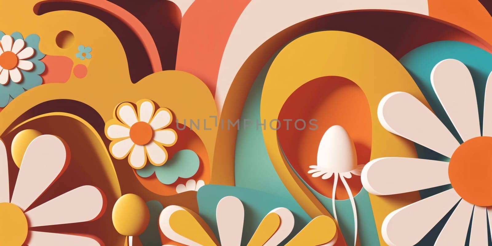 Abstract background design: Paper cut flowers and easter eggs on colorful background. 3d rendering