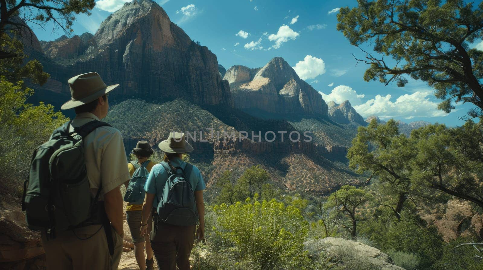 Skilled adventurer exploring and looking at green meadow and mountain. Attractive touring guide narrating and explaining about tourist attraction while guiding and walking in to landscape. AIG42.