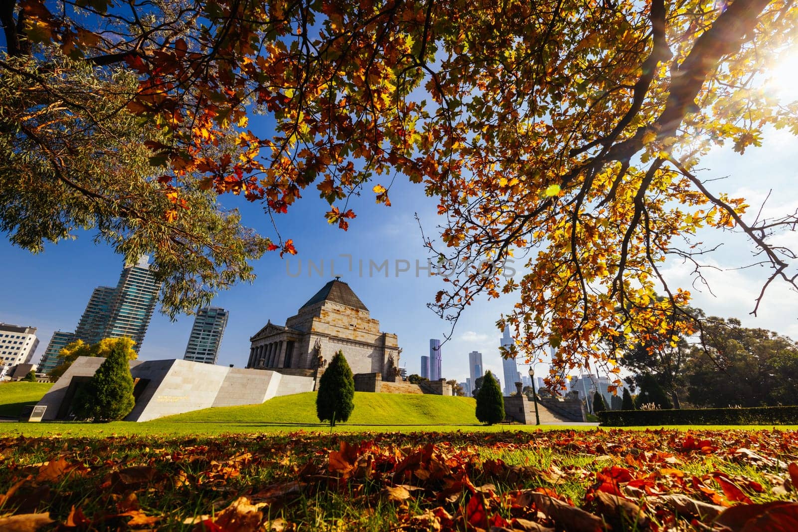 The Shrine of Remembrance and surrounding parklands and gardens during autumn at the Royal Botanic Gardens Victoria in melbourne, Victoria, Australia