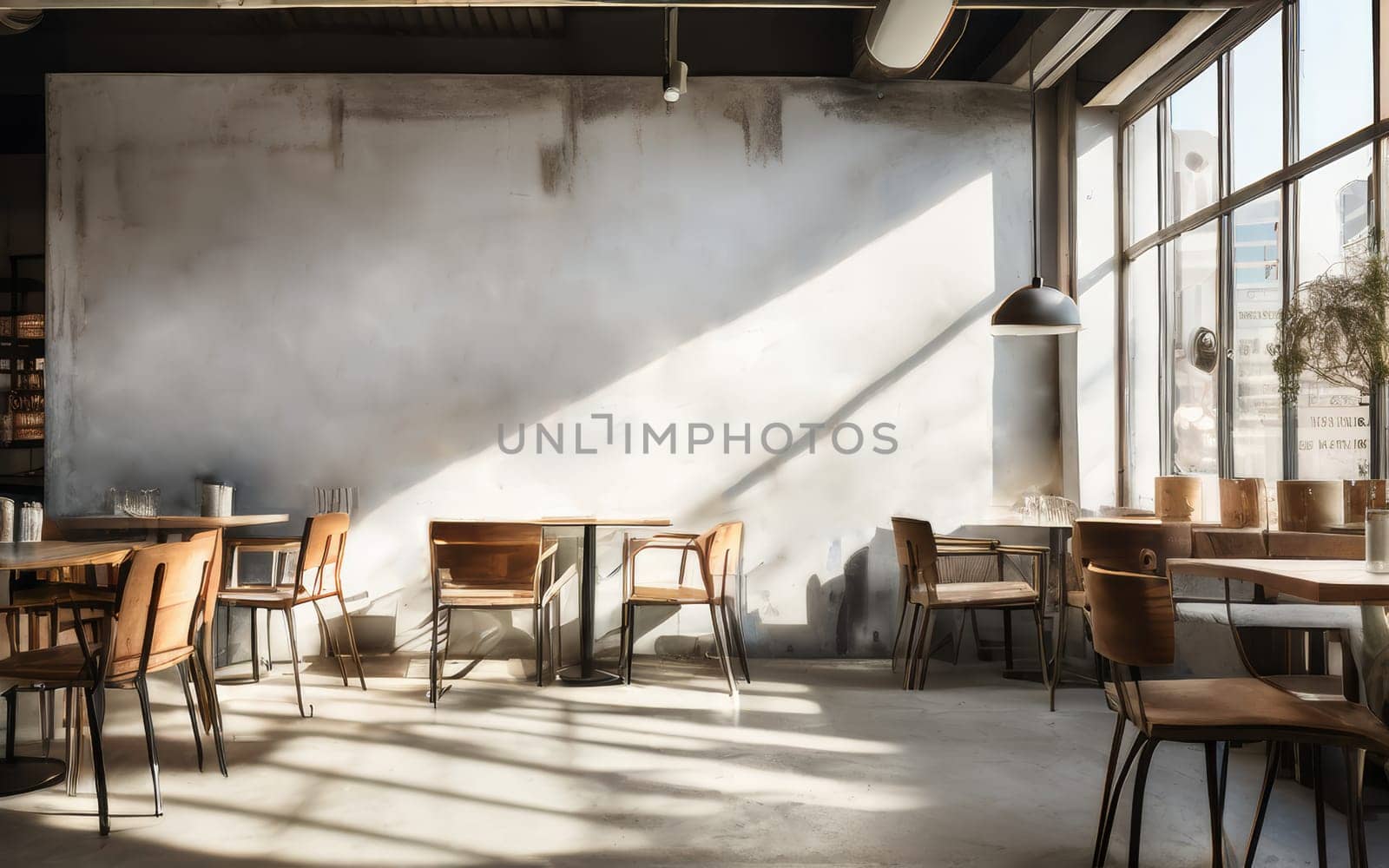 Neutral cafe interior with white empty grunge wall. Cozy modern cafe interior design. Fashionable Scandinavian cozy interior of restaurant or cafe in neutral light colors