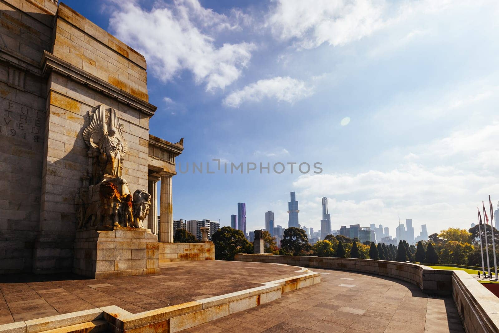 The Shrine of Remembrance and surrounding parklands and gardens during autumn at the Royal Botanic Gardens Victoria in melbourne, Victoria, Australia