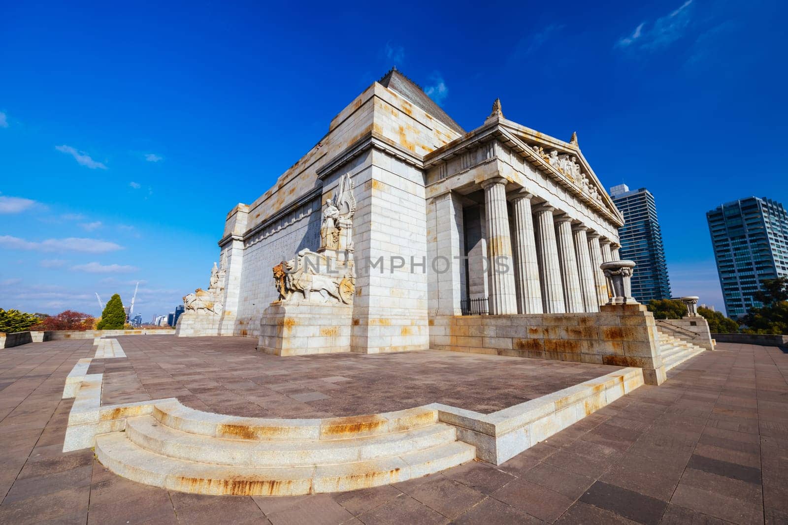 The Shrine of Remembrance and surrounding parklands and gardens during autumn at the Royal Botanic Gardens Victoria in melbourne, Victoria, Australia