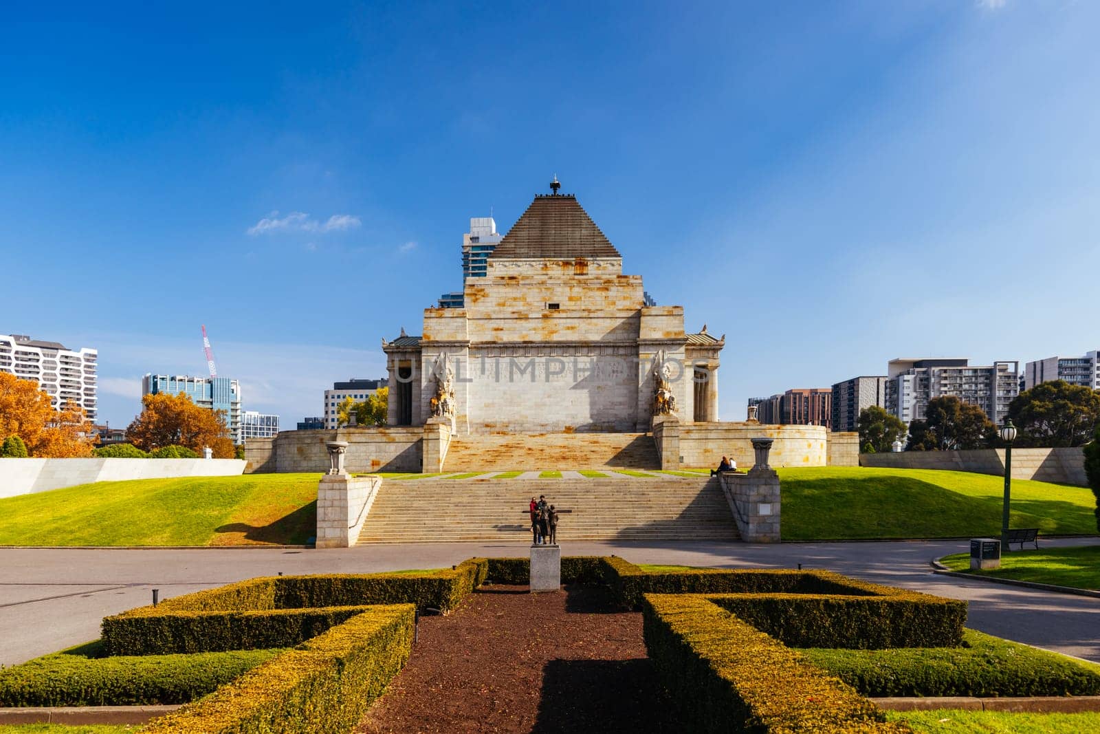 The Shrine of Remembrance and surrounding parklands and gardens during autumn at the Royal Botanic Gardens Victoria in melbourne, Victoria, Australia