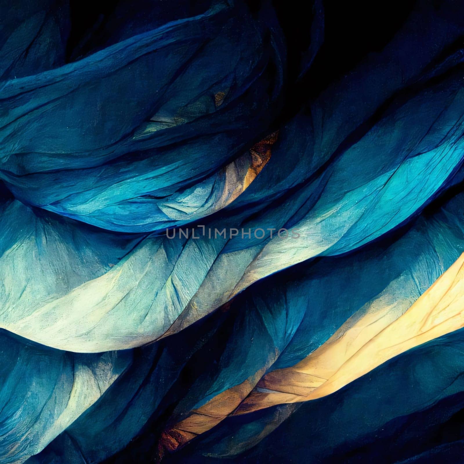 Abstract background design: abstract background with blue and yellow crumpled fabric on black
