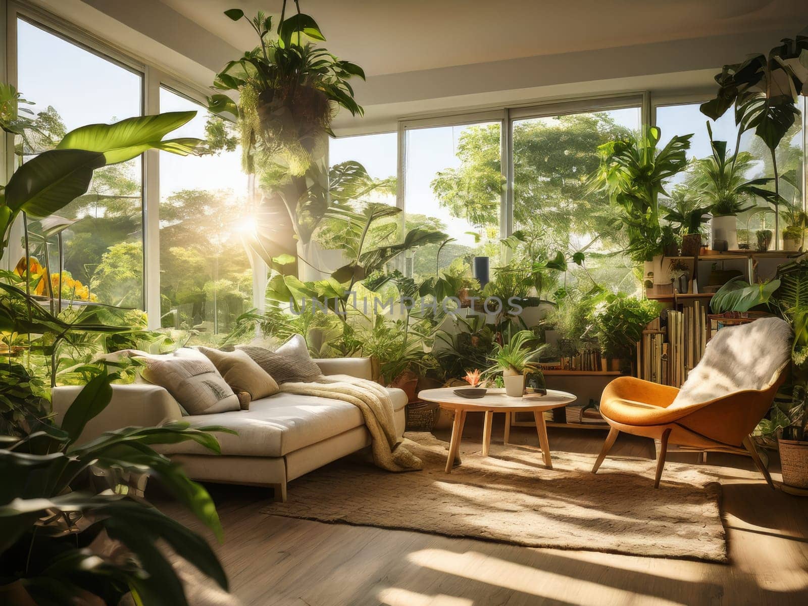 Urban jungle in living room interior with many plants by fascinadora