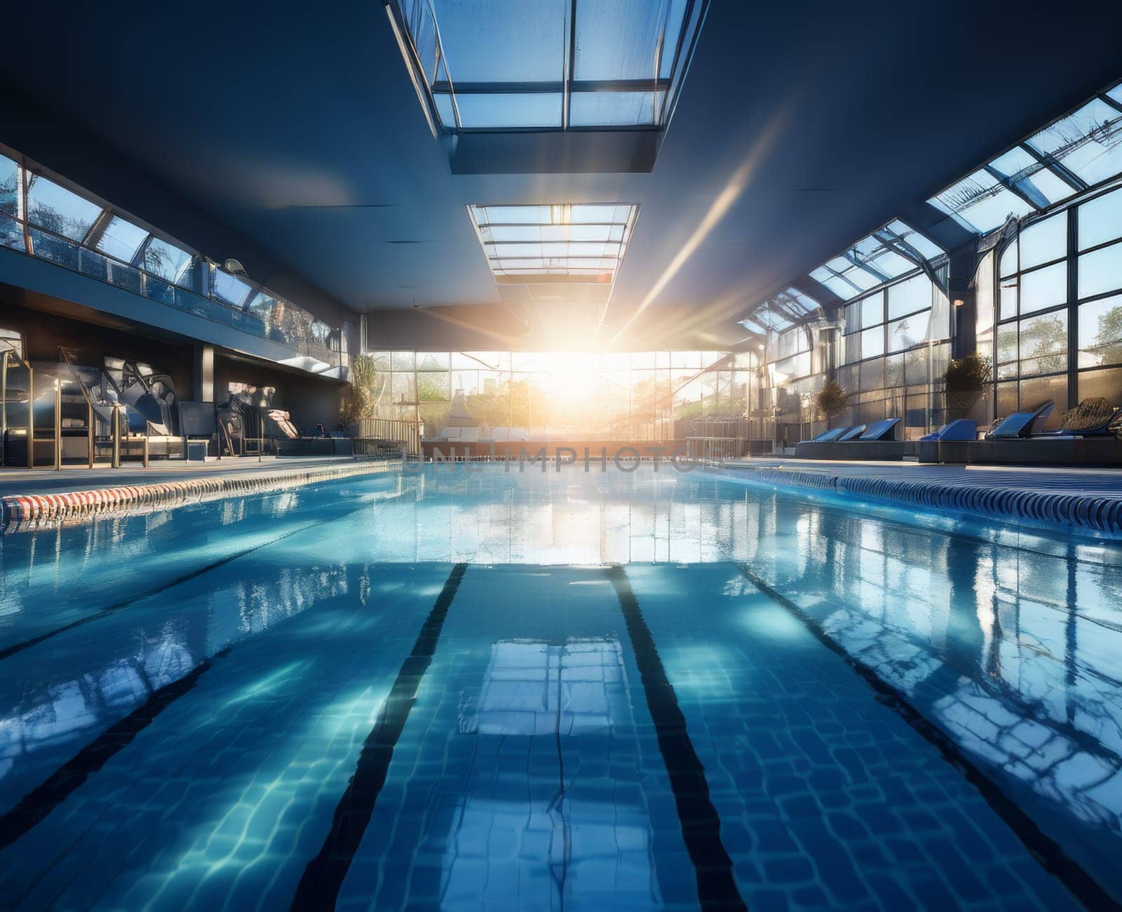 Swimming pool indoors. Beautiful empty swimming pool with amazing sunlight. Sport and relax concept