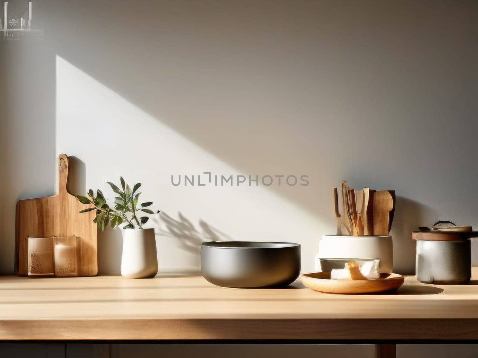 Flowers on marble table of modern kitchen interior. Cozy fashionable kitchen decor. White aesthetic kitchen interior details and decor. Empty table with copy space. Mock up