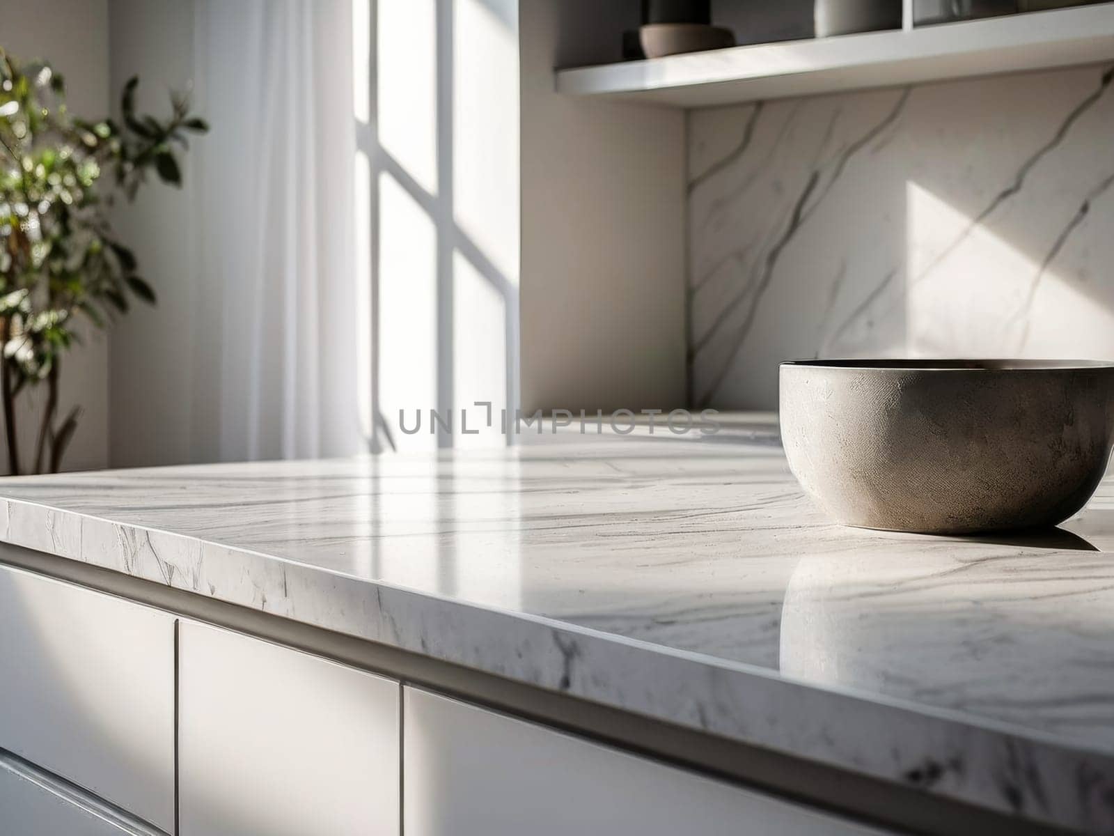 Flowers on marble table of modern kitchen interior. Cozy fashionable kitchen decor. White aesthetic kitchen interior details and decor. Empty table with copy space.