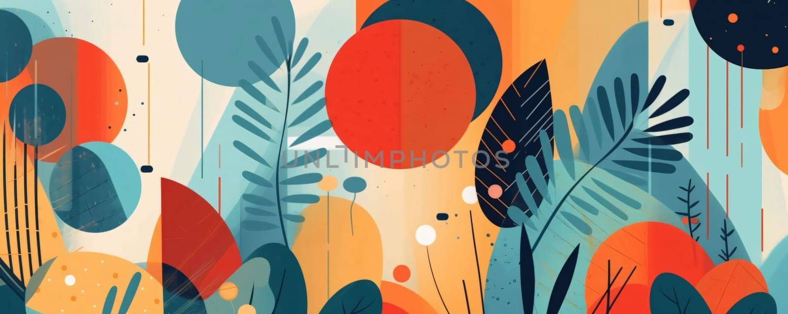 Abstract background with tropical leaves and spots. Vector illustration in flat style by ThemesS