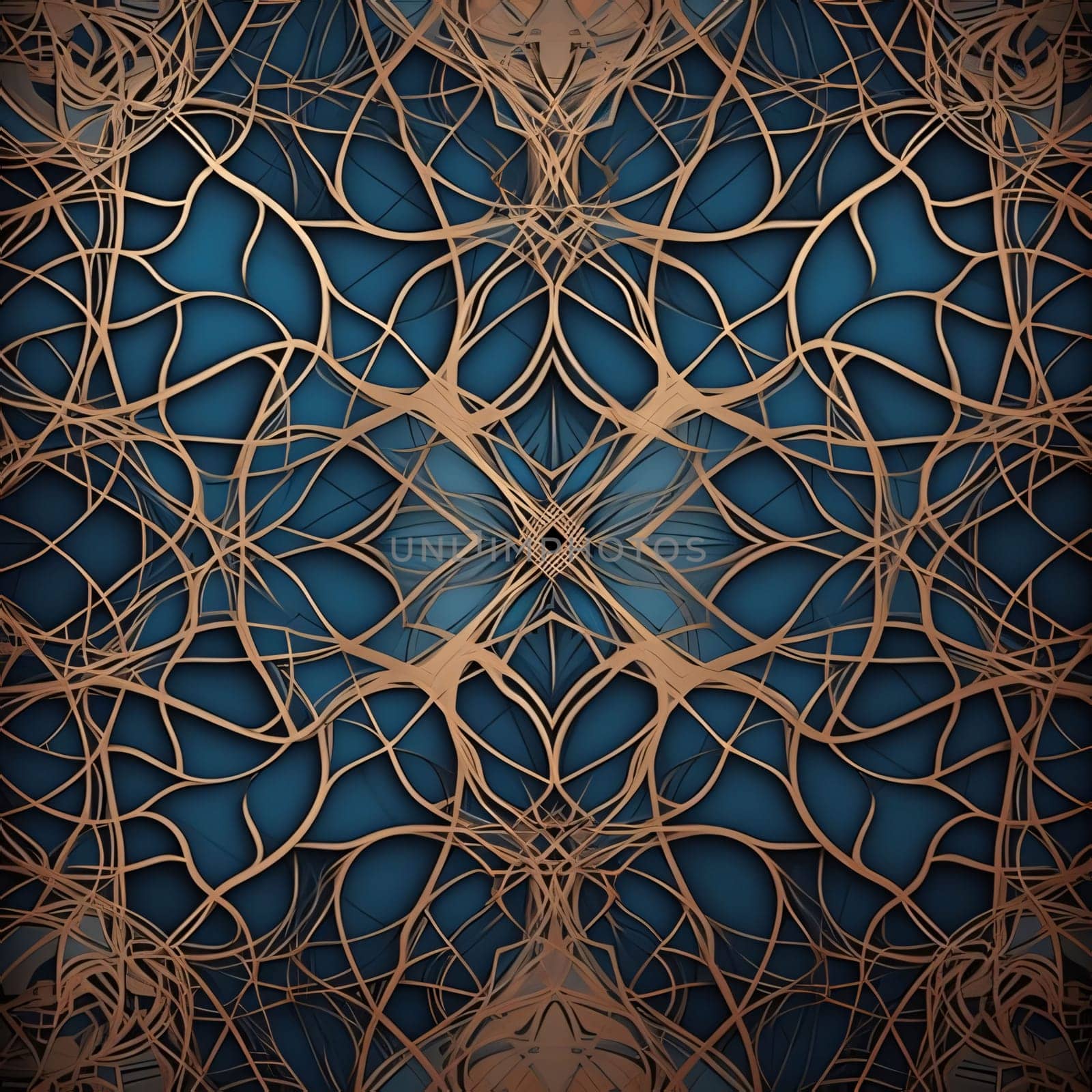 Abstract background design: Abstract blue background with golden pattern. 3d rendering. Computer digital drawing.