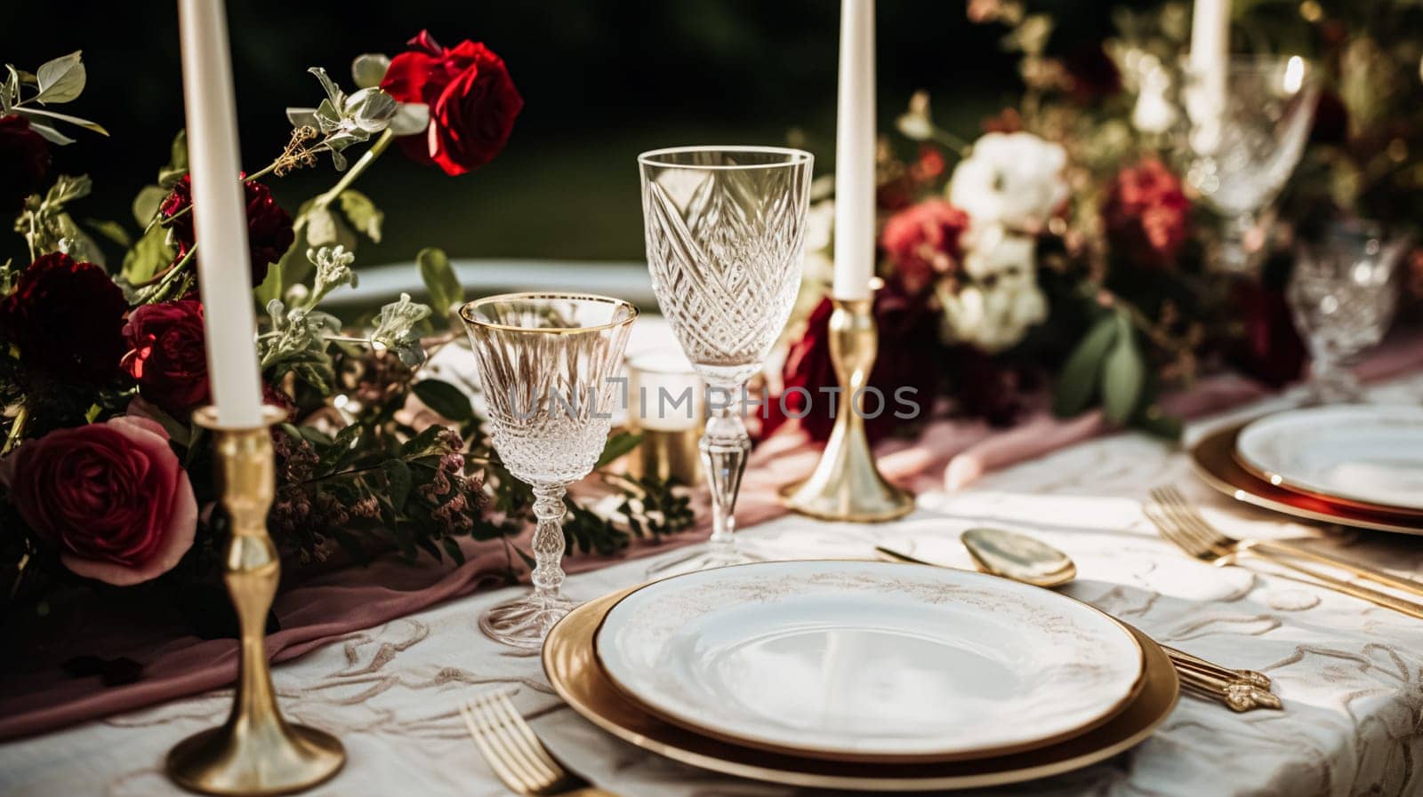 Wedding and event celebration tablescape with flowers, formal dinner table setting with roses and wine, elegant floral table decor for dinner party and holiday decoration, home styling by Anneleven