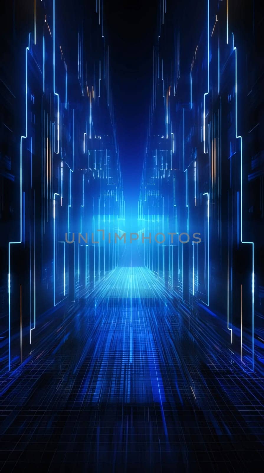 Abstract background design: Futuristic corridor with neon lights and reflections, 3d render