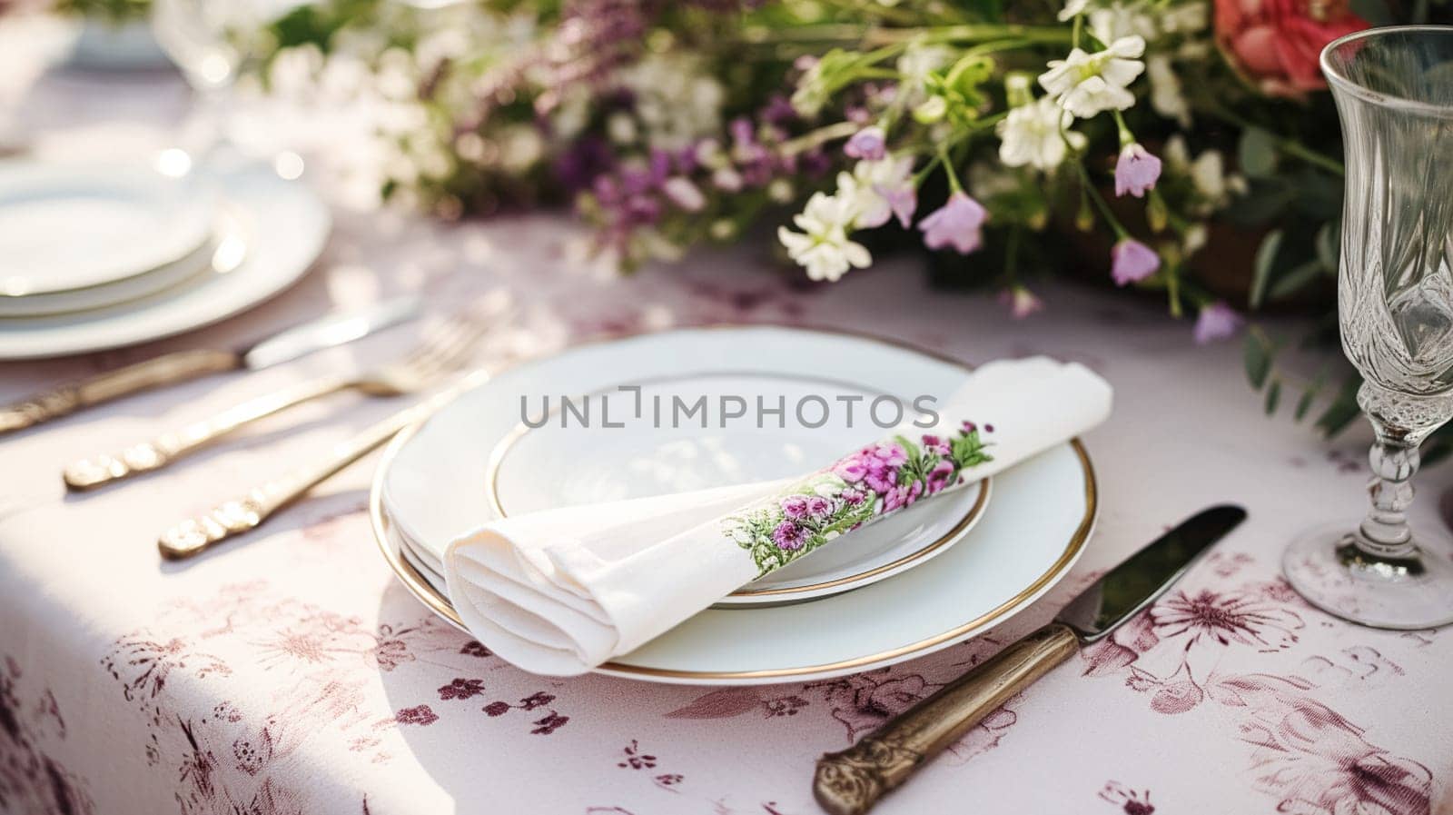 Table decor, holiday tablescape and dinner table setting in countryside garden, formal event decoration for wedding, family celebration, English country and home styling by Anneleven
