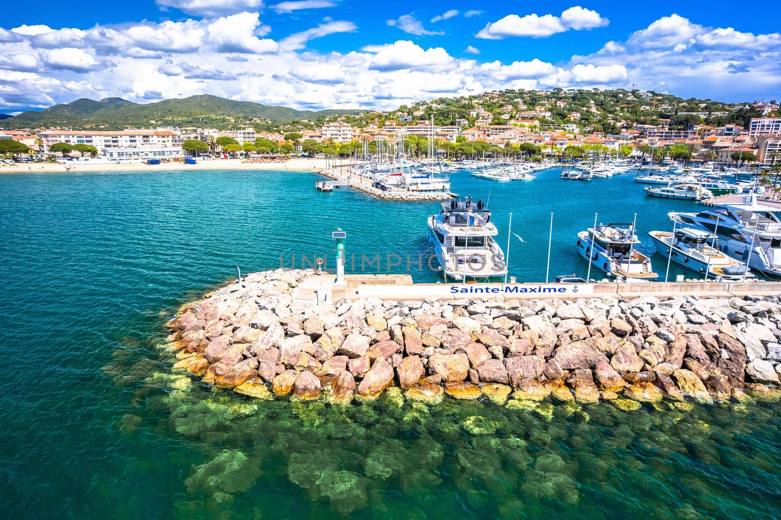 Sainte Maxime yachting harbor and coastline aerial view, Cote D Azur in France