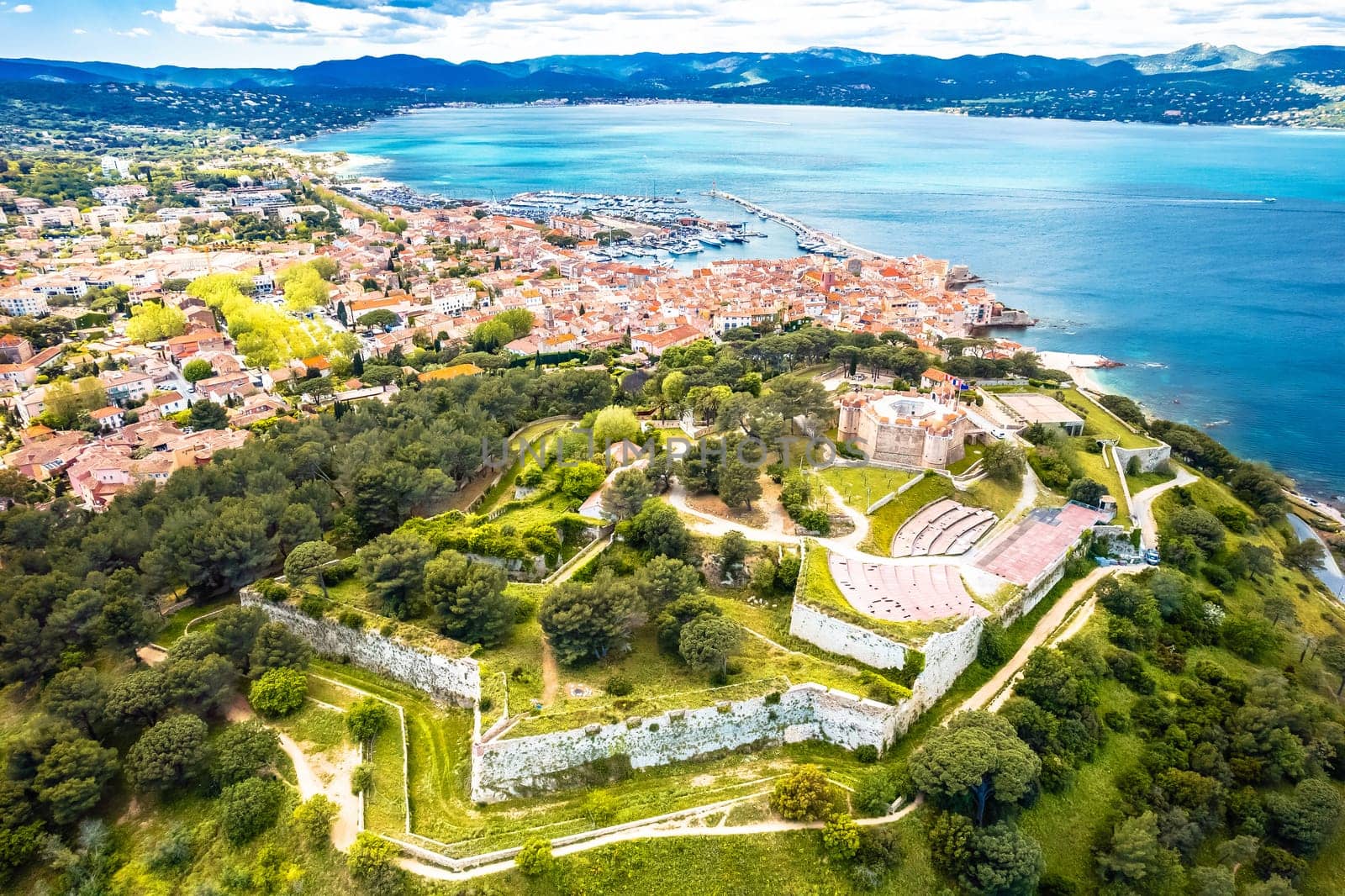 Saint Tropez fortress and landscape aerial panoramic view, famous tourist destination on Cote d Azur, Alpes-Maritimes department in southern France