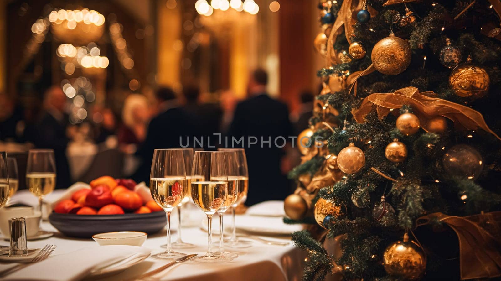 Christmas holidays and New Year celebration, dinner table and guests at a luxury English styled restaurant or hotel, Christmas tree decoration, holiday party and event invitation idea