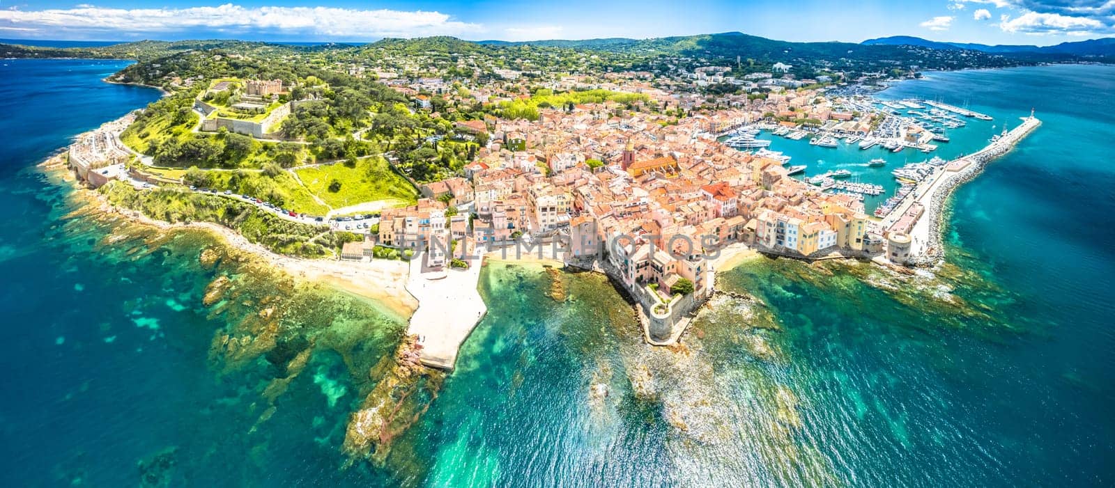 Saint Tropez village fortress and landscape aerial panoramic view, famous tourist destination on Cote d Azur, Alpes-Maritimes department in southern France