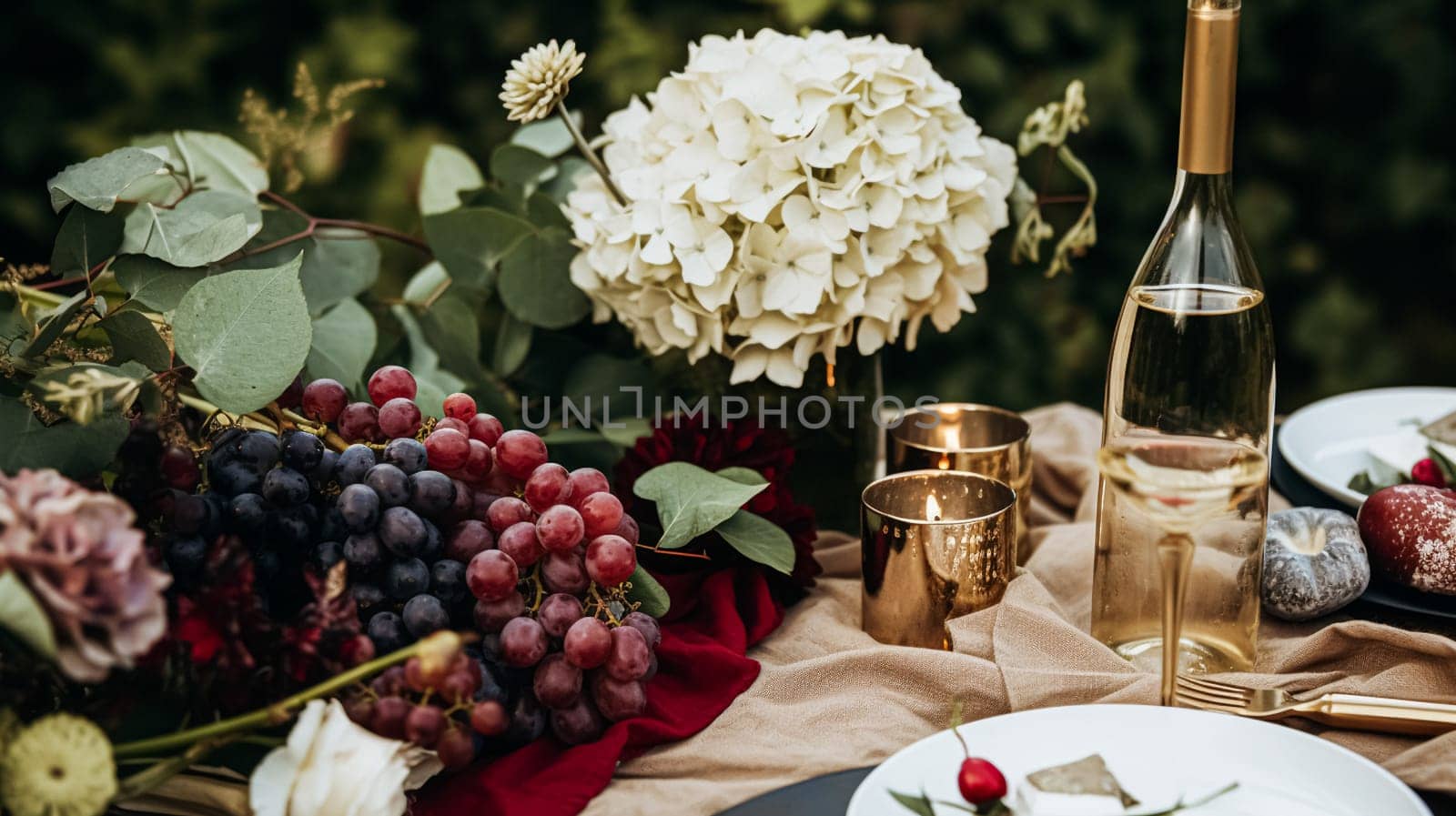 Wedding or formal dinner holiday celebration tablescape with hydrangea flowers in the English countryside garden, table setting and wine, floral table decor for family dinner party, home styling by Anneleven