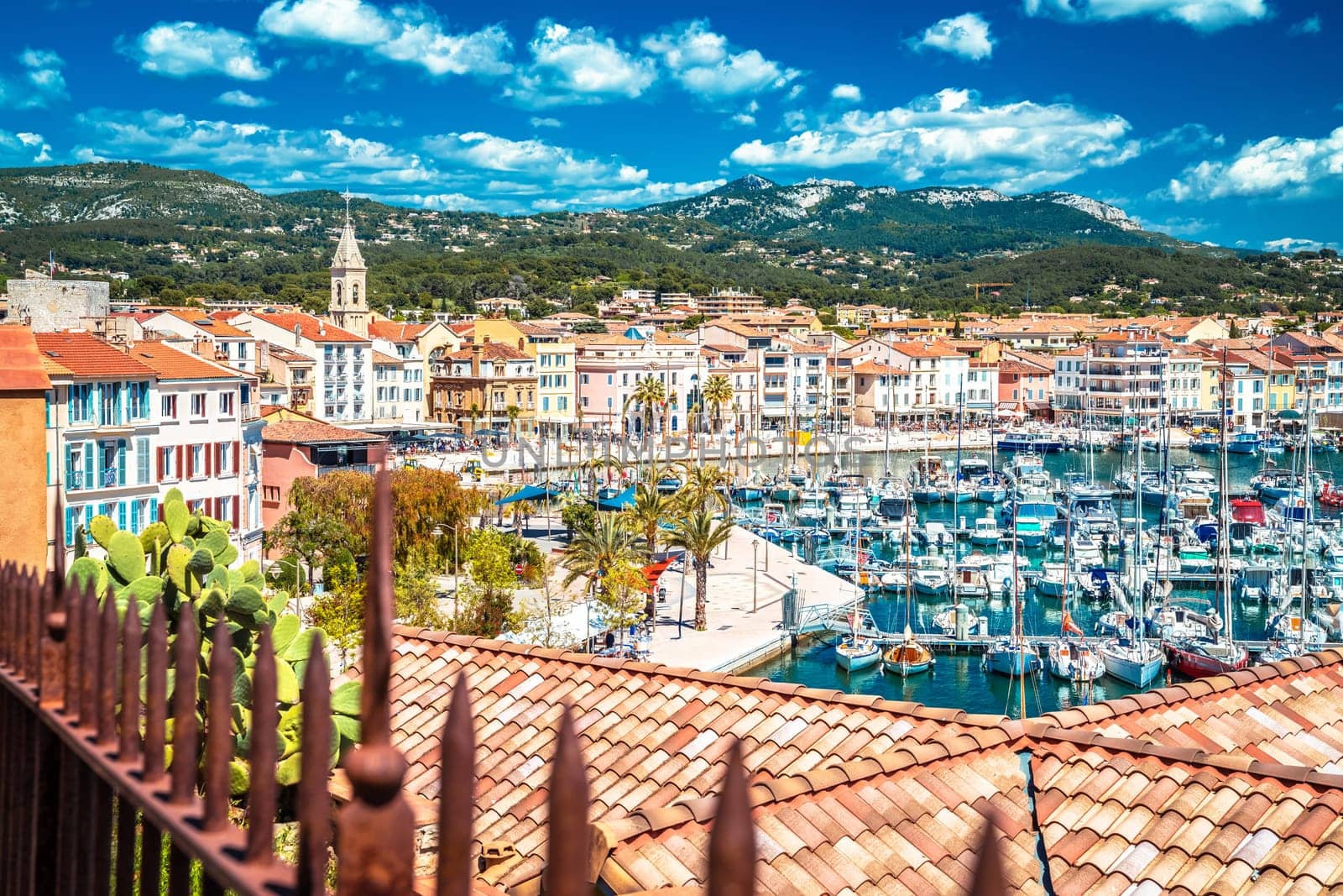 Town of Sanary sur Mer colorful waterfront view from the hill, south France