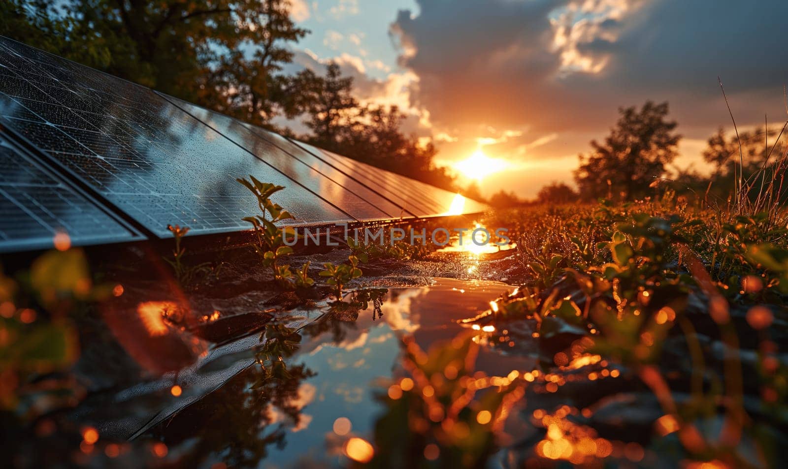 The sun sets low behind a modern solar panel installation.