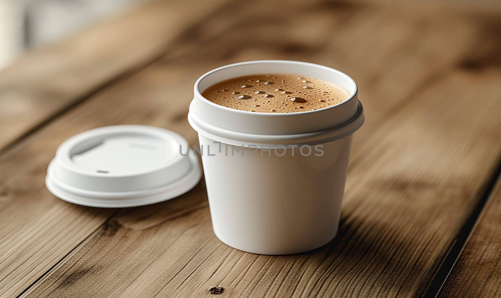 A cup of coffee resting on a wooden table.