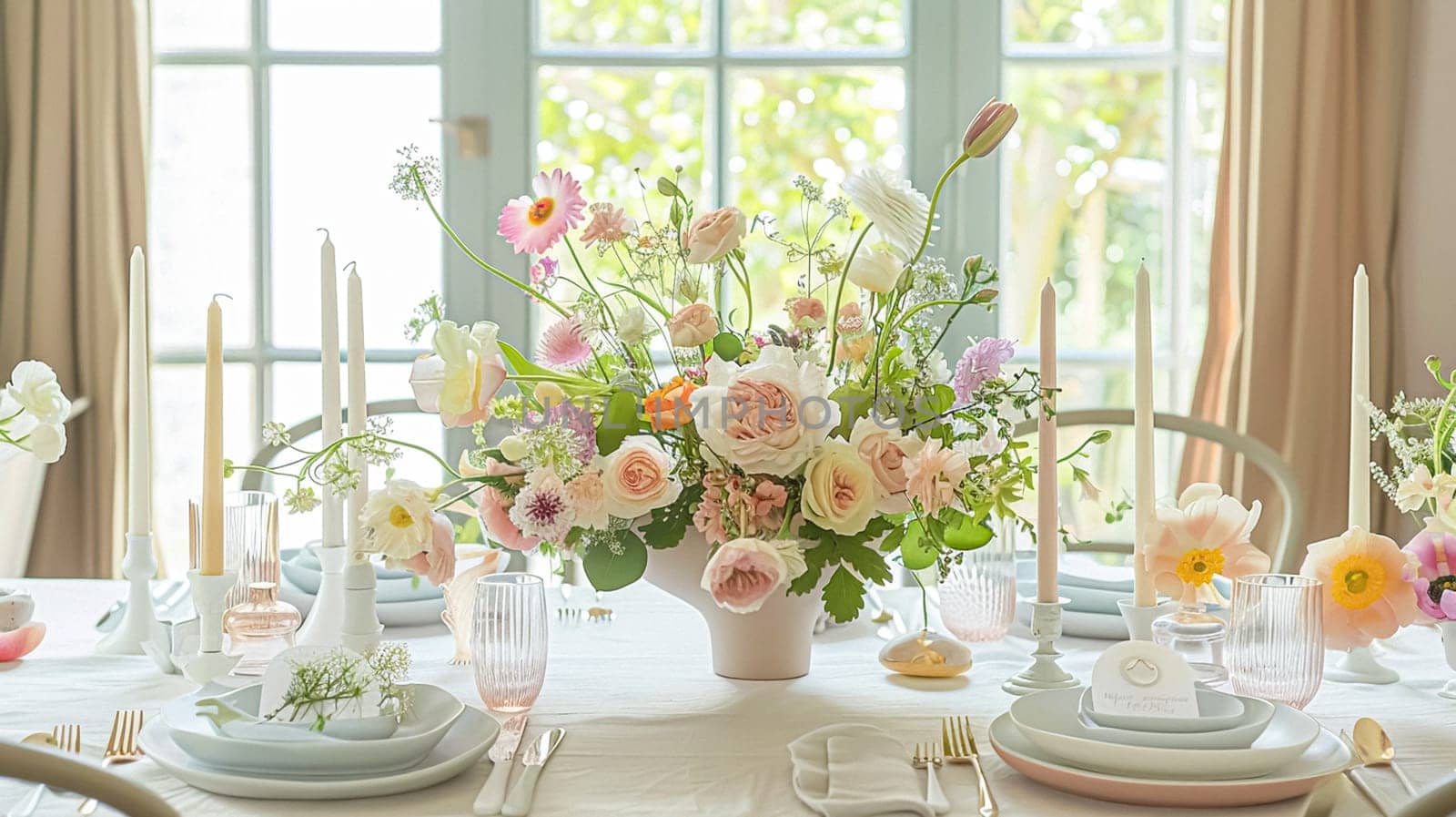 Easter tablescape decoration, floral holiday table decor for family celebration, spring flowers, Easter eggs, Easter bunny and vintage dinnerware, English country and home styling