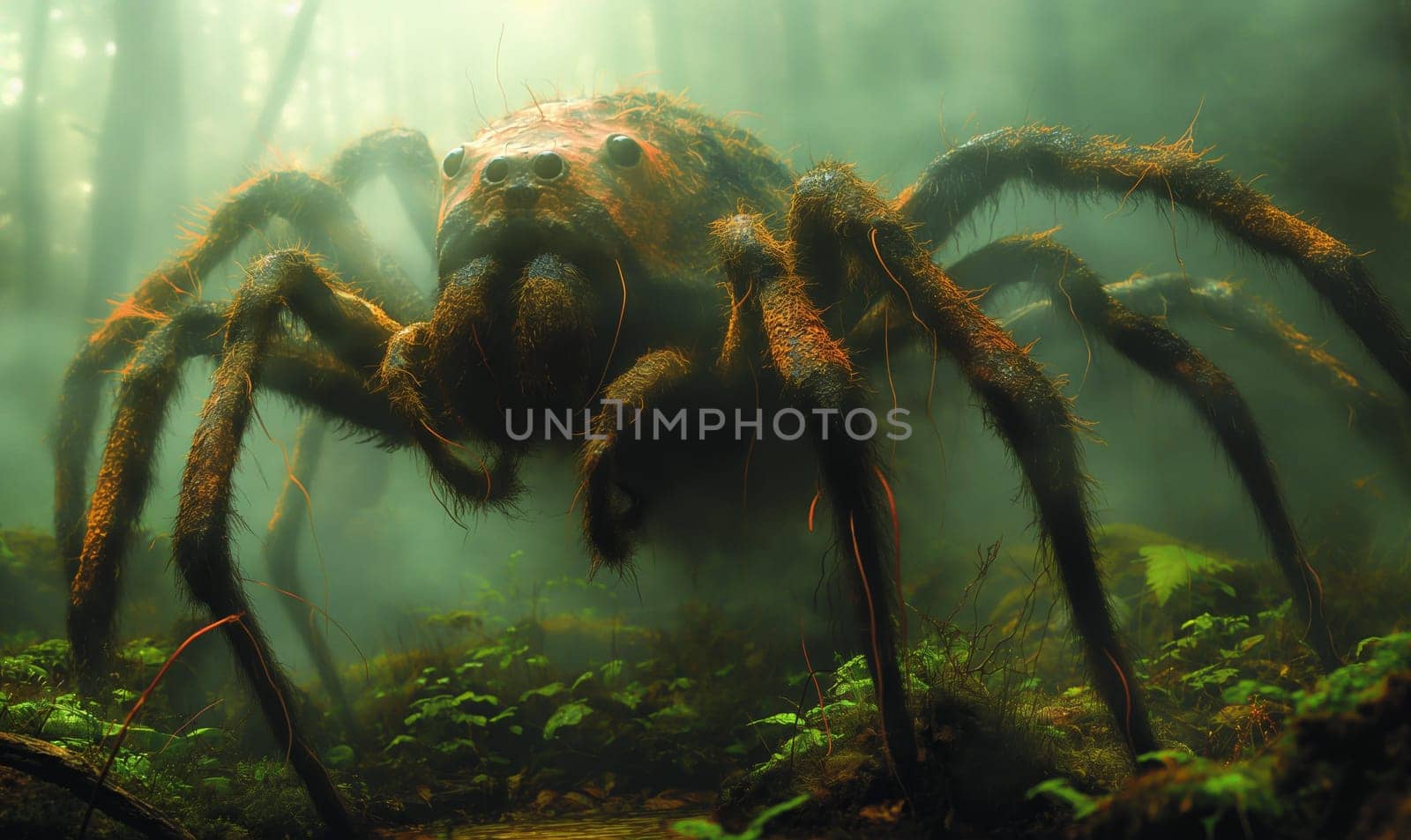 A large spider making its way through the dense forest floor.