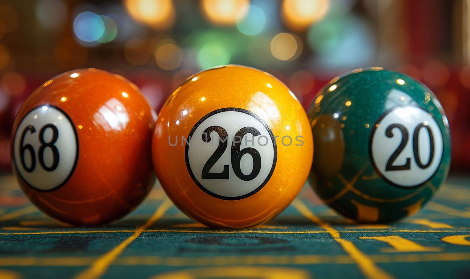 Three pool balls arranged in a line on the table.