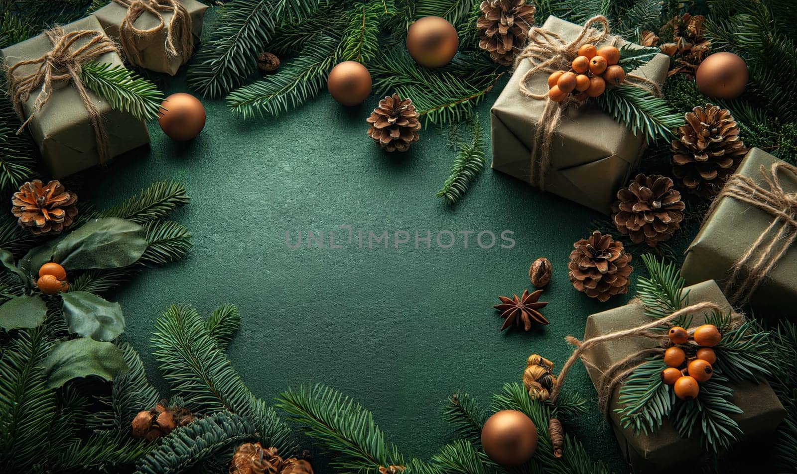 Wrapped presents among pine branches and ornaments.