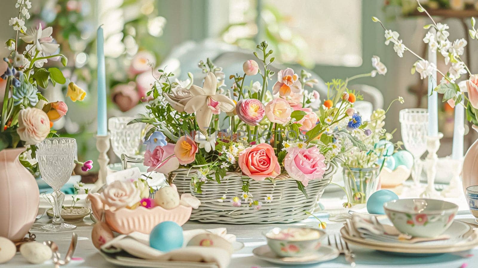 Easter tablescape decoration, floral holiday table decor for family celebration, spring flowers, Easter eggs, Easter bunny and vintage dinnerware, English country and home styling