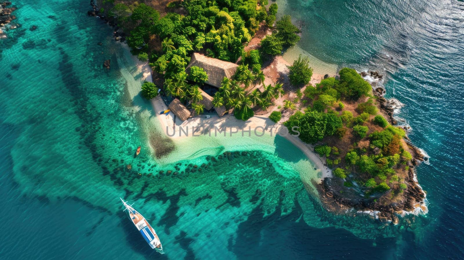 A boat navigating the azure waters near a coastal beach, surrounded by natural landscapes and oceanic landforms. Trees and vehicles visible on the shoreline AIG50