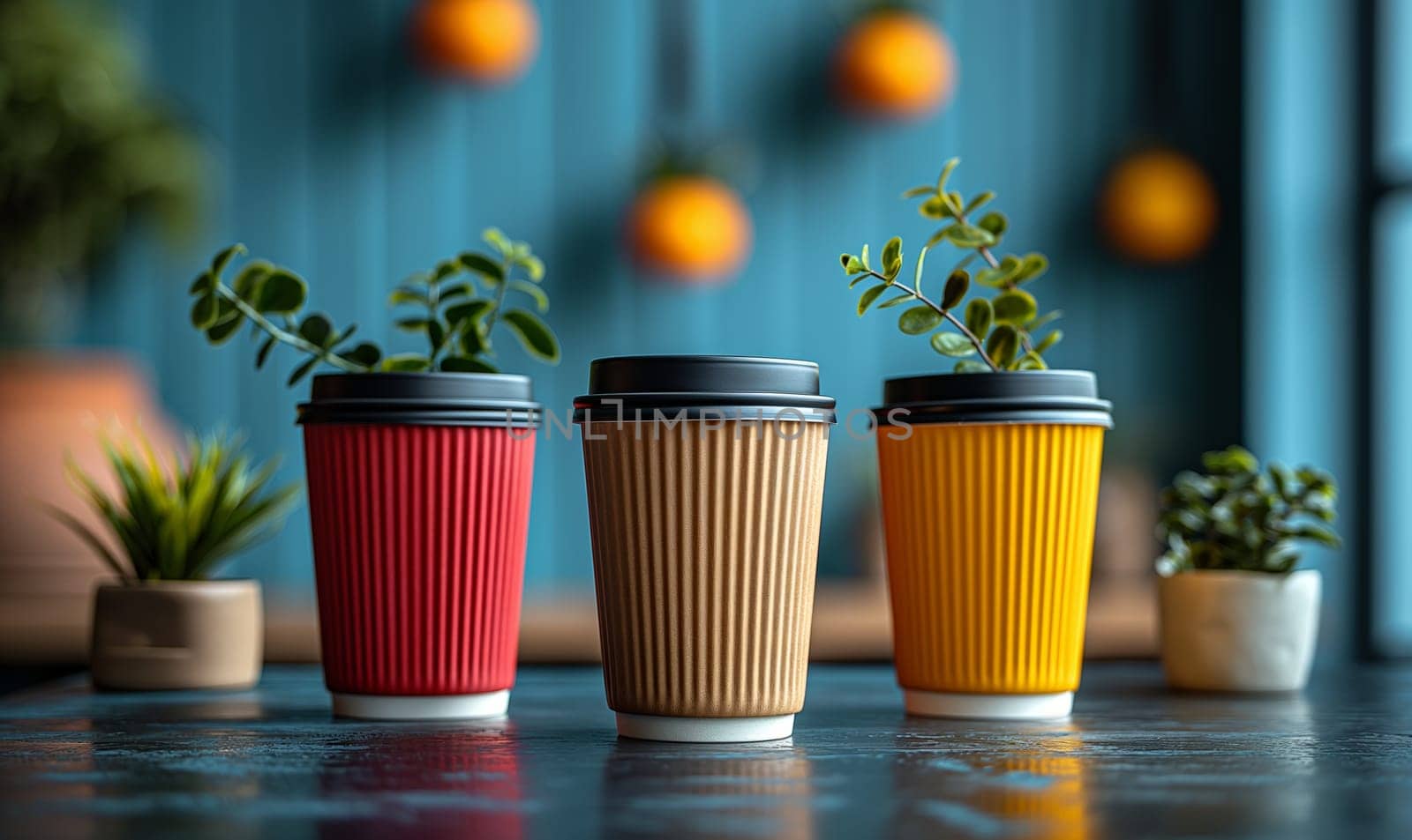 A row of three coffee cups sitting neatly on a table.