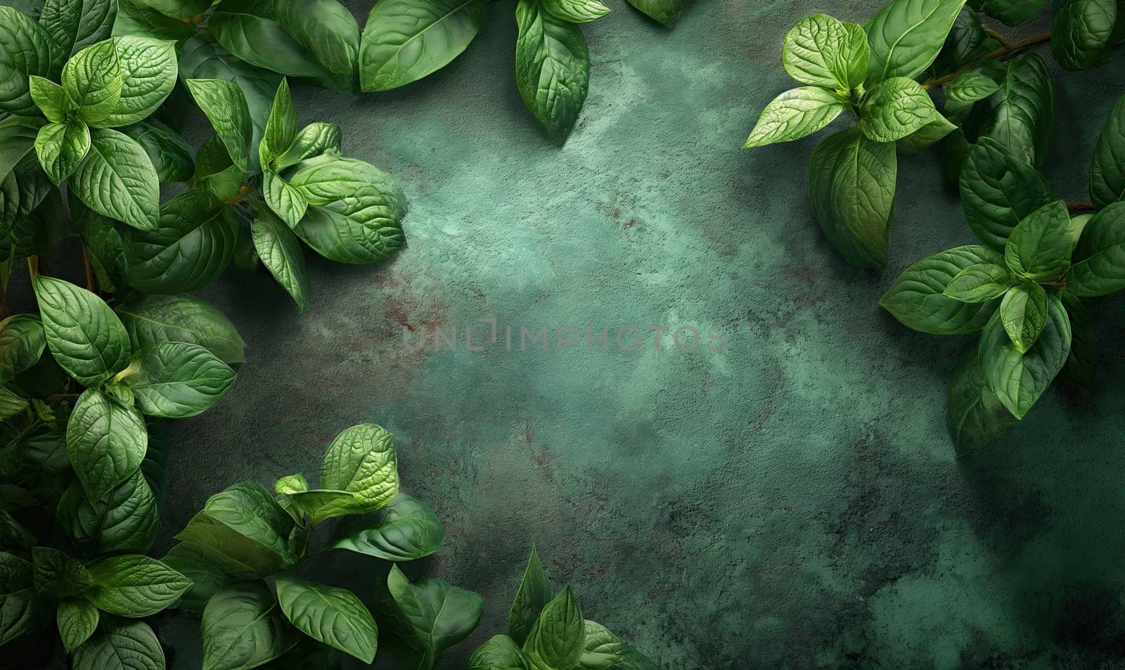 Painting of green leaves depicted on a matching green background.