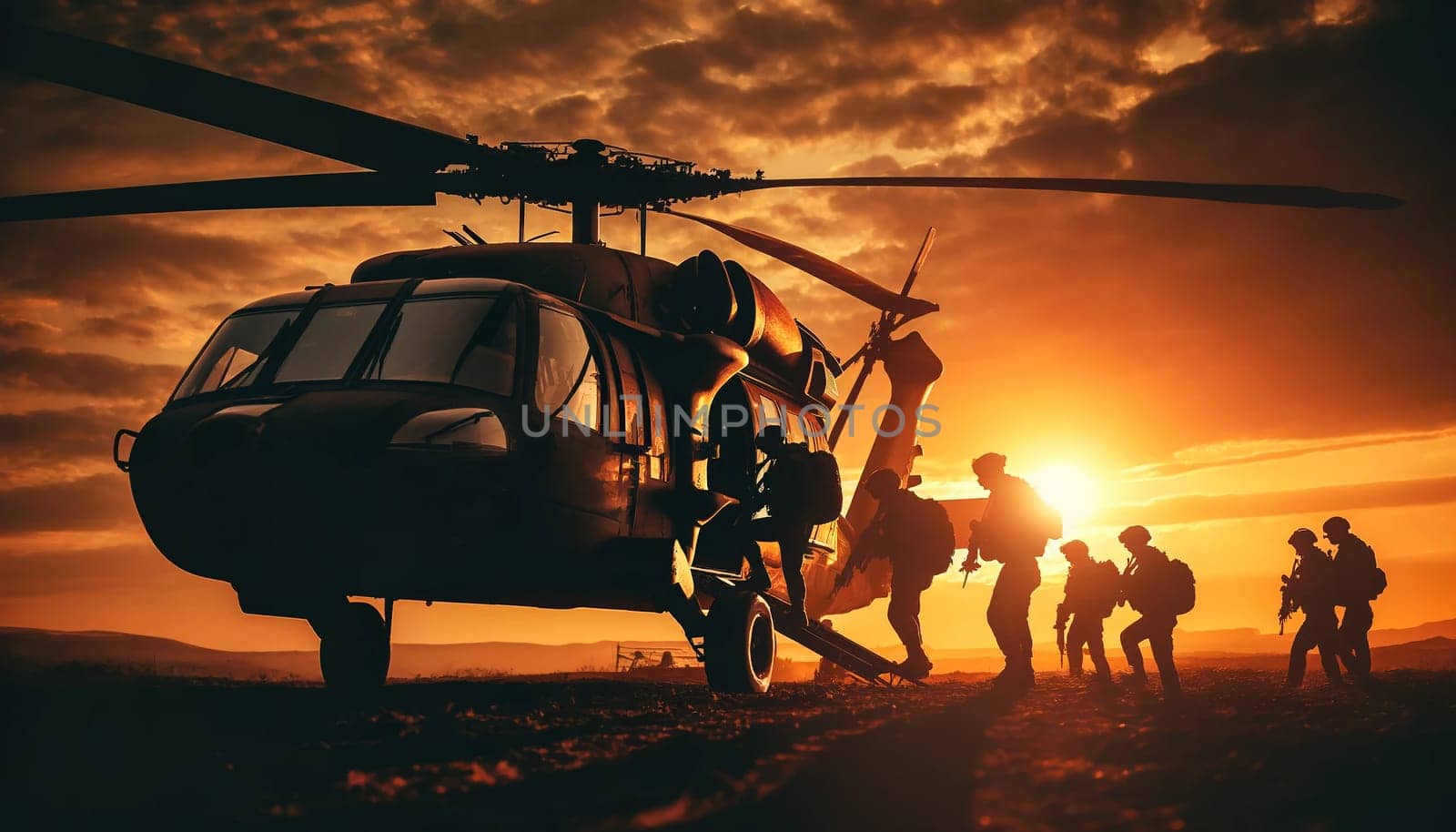 soldiers with machine guns board a helicopter at sunset.