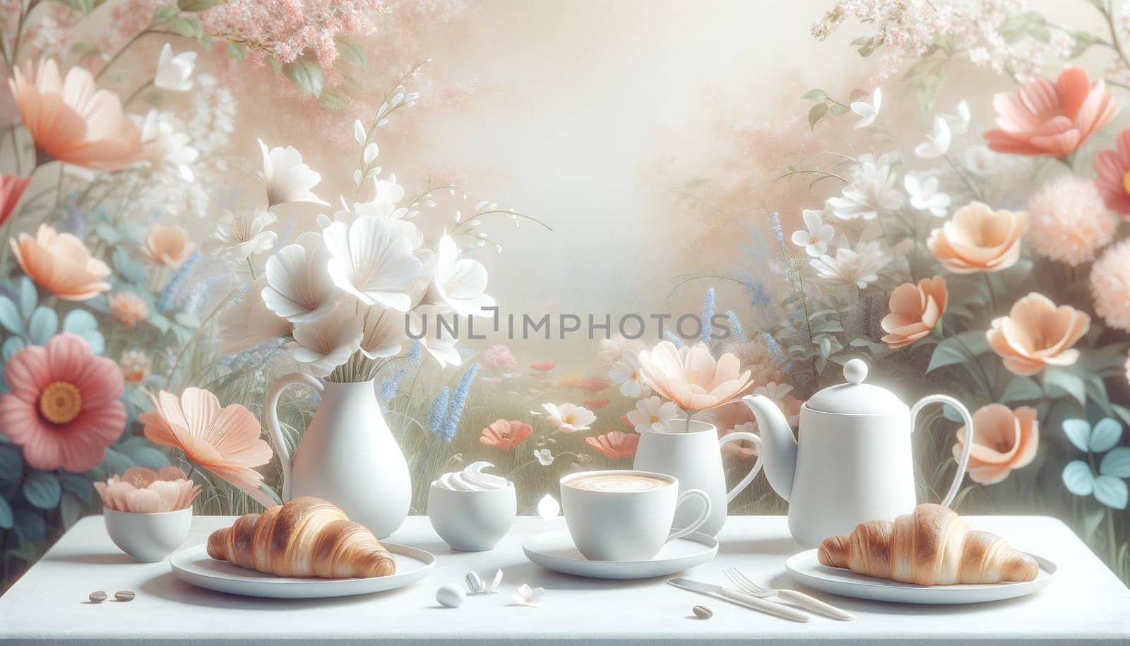 white cups with coffee and croissants on a white table in a blooming garden, still life in soft pastel colors by Annado
