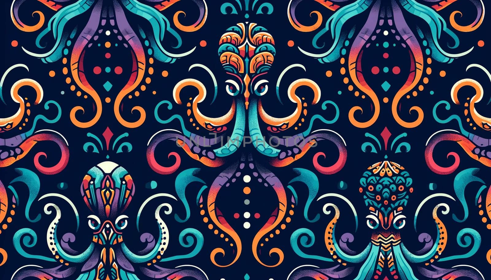 Horizontal pattern with stylized octopuses on a navy background in abstract and geometric shapes.