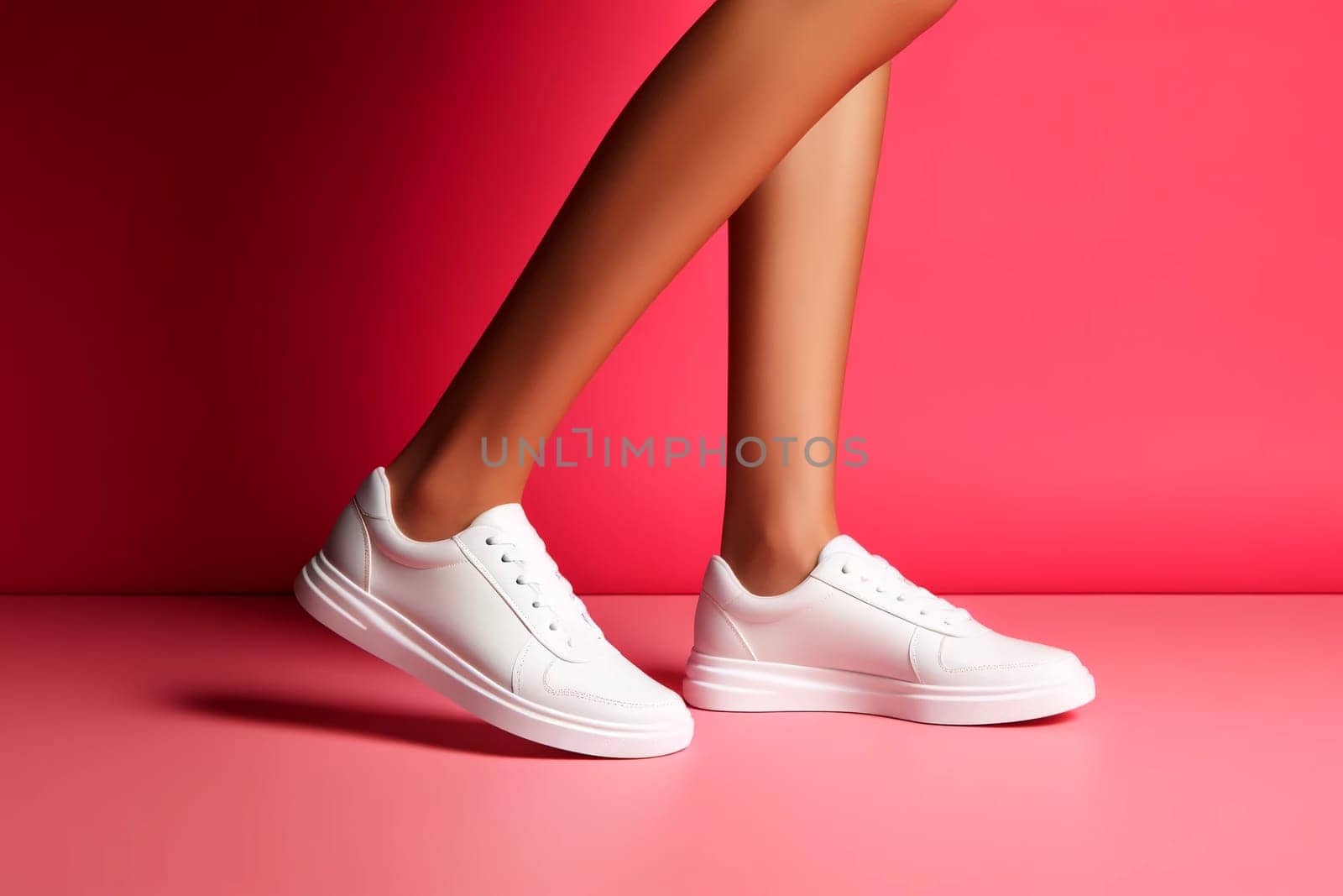 Female legs in white sneakers close-up on a pink background.