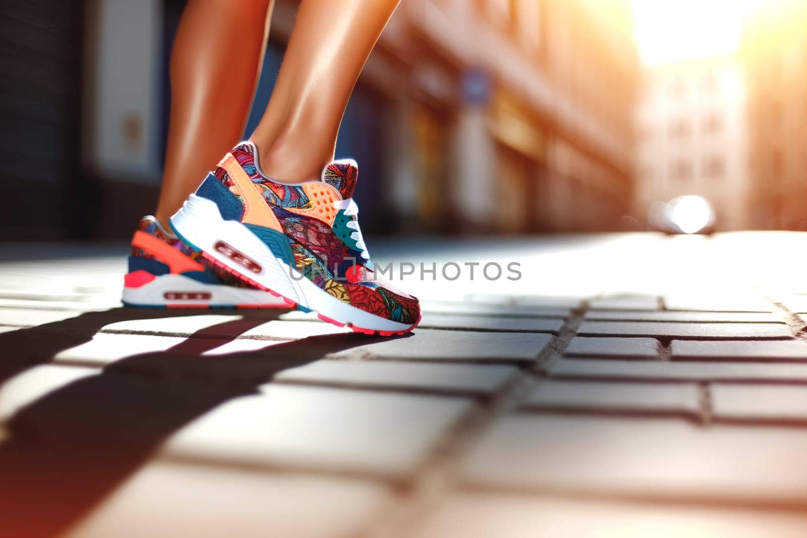 Female legs in colorful sneakers close-up on the street on a sunny day by Annado